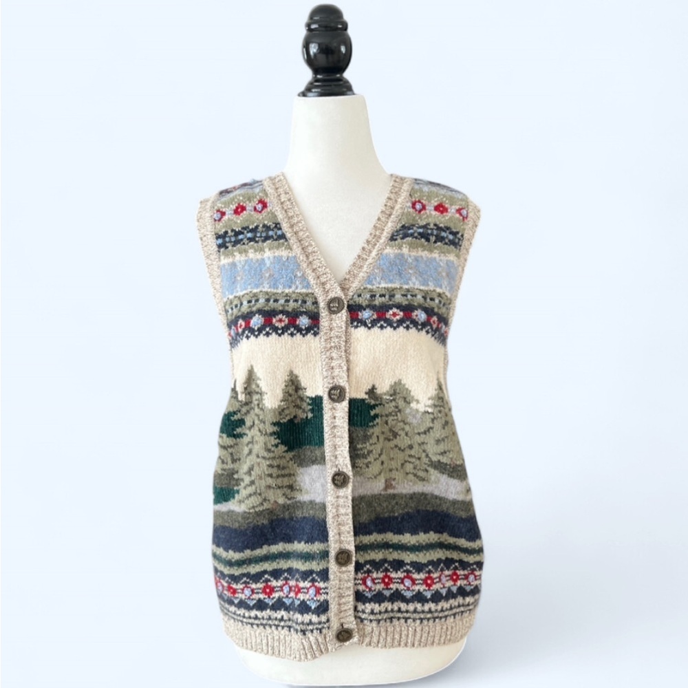 90s Northern Reflections Nature Tree Sweater Vest Cottagecore Cabincore L